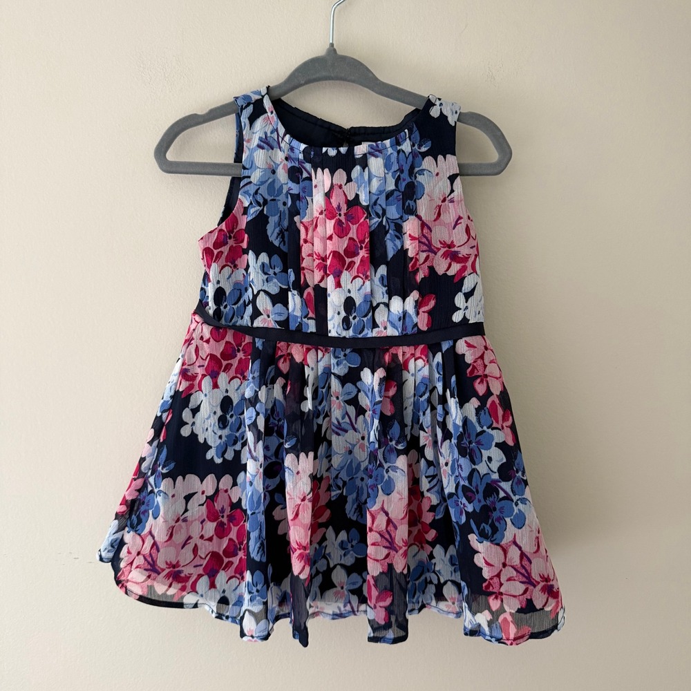 Janie and Jack Baby Girl Floral Chiffon Dress Navy Pink Blue 6-12‎ Months